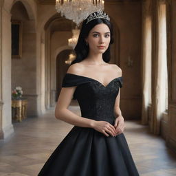 A hyper-realistic depiction of the most beautiful princess with black hair and white skin, dressed in an elegant black dress, located within the luxuriant interior of a magnificent castle