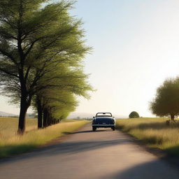 A 4K, photorealistic image of a serene country road with a roadster in the distance