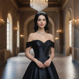 A hyper-realistic depiction of the most beautiful princess with black hair and white skin, dressed in an elegant black dress, located within the luxuriant interior of a magnificent castle