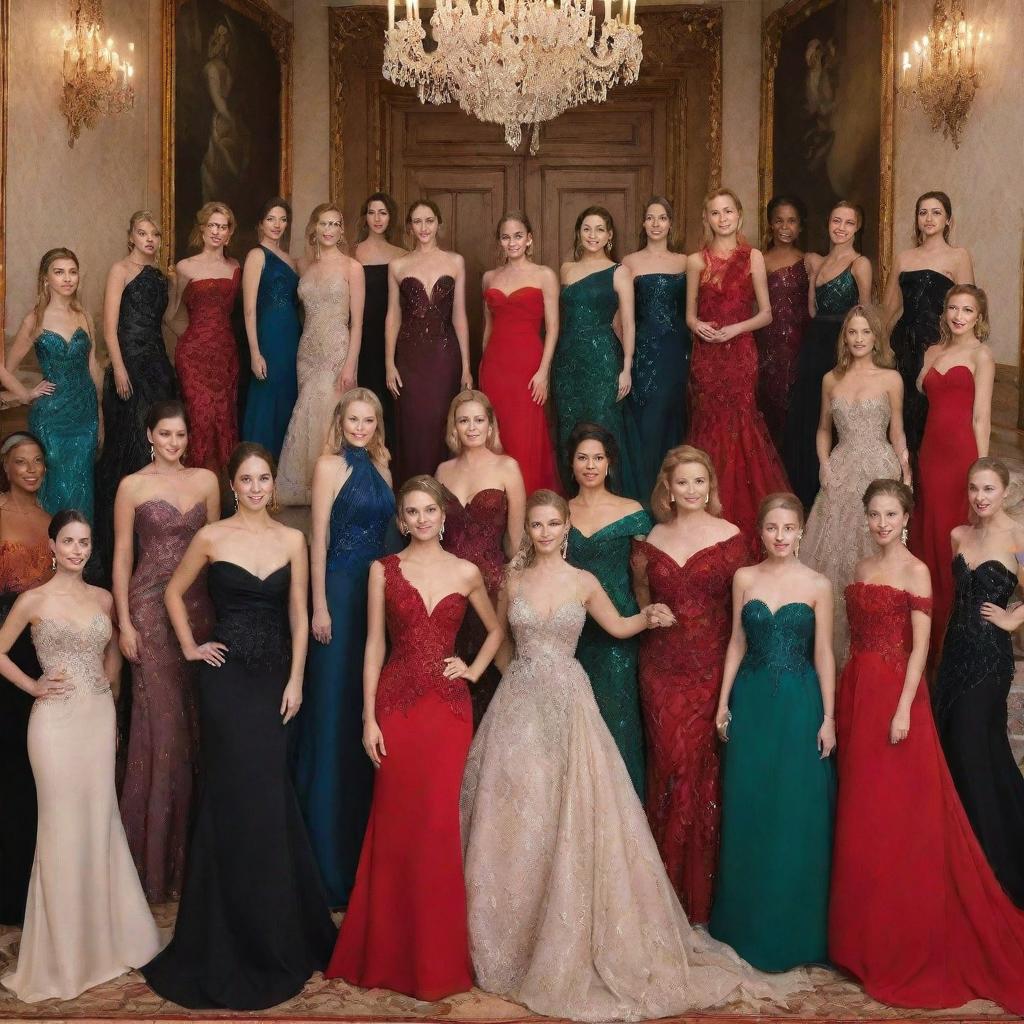 Fifteen women gracefully showing off their elegant evening gowns. Each unique in design and color, ranging from stunning black to radiant red, making them stand out against a grand and opulent backdrop.