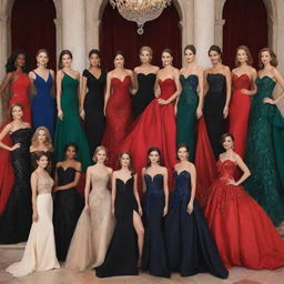 Fifteen women gracefully showing off their elegant evening gowns. Each unique in design and color, ranging from stunning black to radiant red, making them stand out against a grand and opulent backdrop.