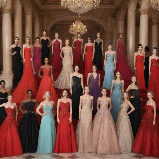 Fifteen women gracefully showing off their elegant evening gowns. Each unique in design and color, ranging from stunning black to radiant red, making them stand out against a grand and opulent backdrop.