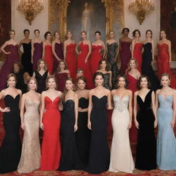 Fifteen women gracefully showing off their elegant evening gowns. Each unique in design and color, ranging from stunning black to radiant red, making them stand out against a grand and opulent backdrop.