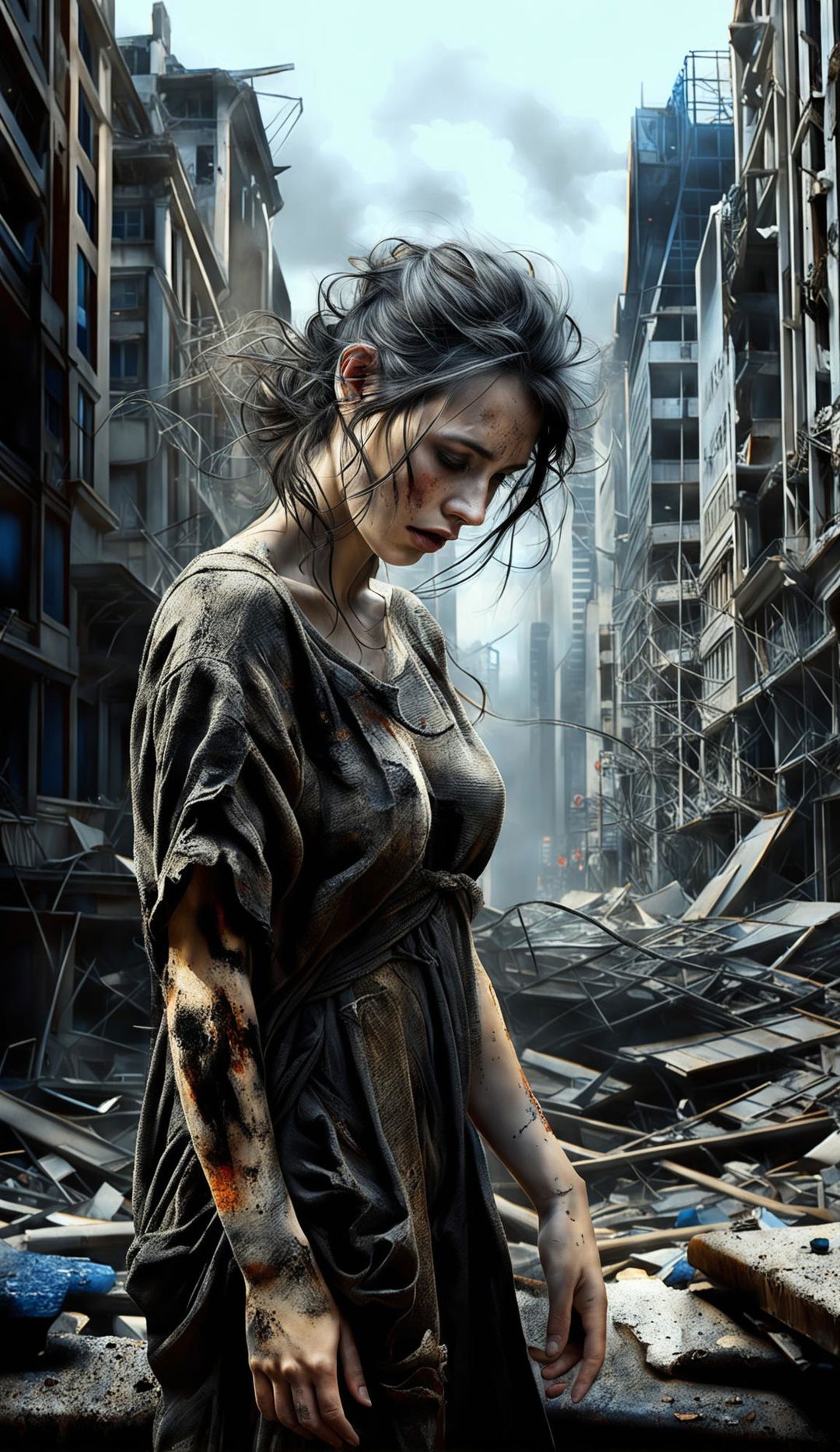 A woman in torn, dirty clothing weeps amidst the ruins of a decimated city, her form flickering with a ghostly phantom effect. The scene is rendered in hyper-realistic detail with cinematic lighting and HDR effects, signed by 'Mark' and created using Redshift rendering.