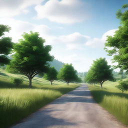 A 4K, photo-realistic image showcasing a serene country road