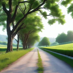 A 4K, photo-realistic image showcasing a serene country road