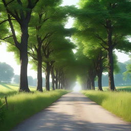 A 4K, photo-realistic image showcasing a serene country road