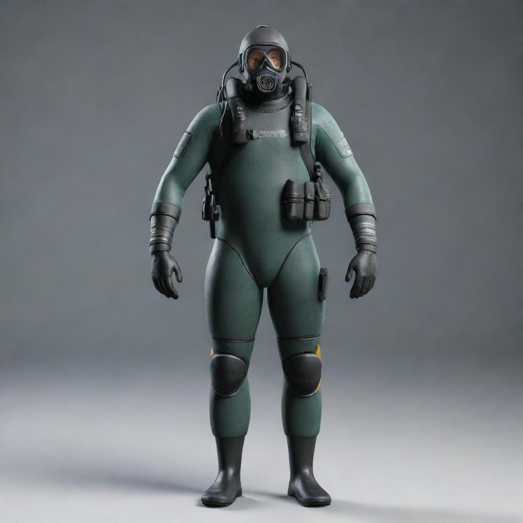 A full 3D model of a diver in hunter gear standing upright with no background.