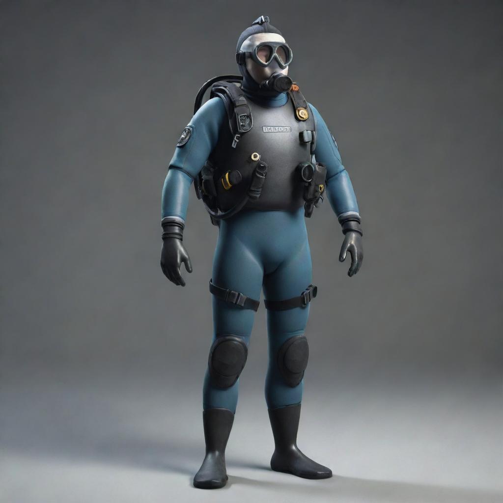 A full 3D model of a diver in hunter gear standing upright with no background.