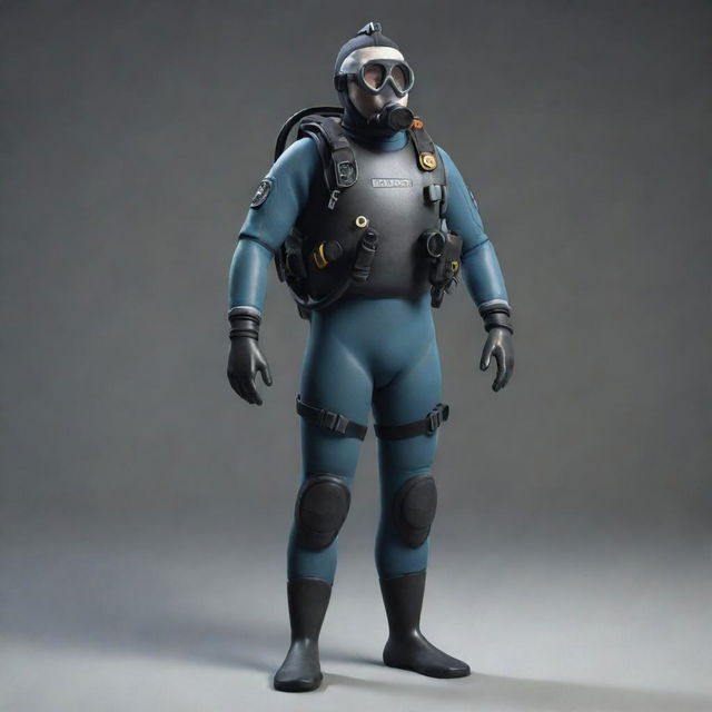 A full 3D model of a diver in hunter gear standing upright with no background.