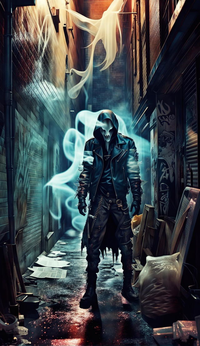 A hyper-detailed, 4K resolution image of a ghostpunk alleyway in a fantasy city. A spectral figure in punk attire stands amidst urban decay, illuminated by cinematic lighting. The scene is rendered with redshift, enhancing its photorealistic quality.