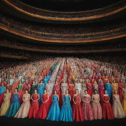 Thirty dazzling delegates standing on a grand stage in their respective stunning gowns, each representing their countries. The air resonates with a mixture of anxious excitement and stern determination.