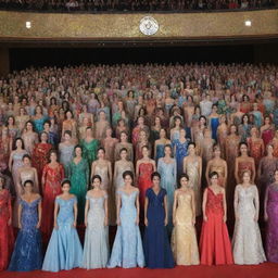 Thirty dazzling delegates standing on a grand stage in their respective stunning gowns, each representing their countries. The air resonates with a mixture of anxious excitement and stern determination.