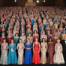 Thirty dazzling delegates standing on a grand stage in their respective stunning gowns, each representing their countries. The air resonates with a mixture of anxious excitement and stern determination.