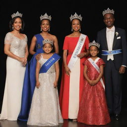 Five distinguished delegates illuminated under the stage lights, standing with grace and poise while bearing their elegant crowns and sashes, each signifying their heritage and accomplishments.