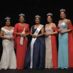 Five distinguished delegates illuminated under the stage lights, standing with grace and poise while bearing their elegant crowns and sashes, each signifying their heritage and accomplishments.