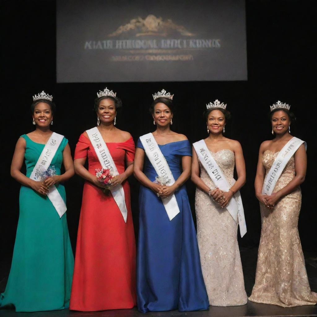 Five distinguished delegates illuminated under the stage lights, standing with grace and poise while bearing their elegant crowns and sashes, each signifying their heritage and accomplishments.