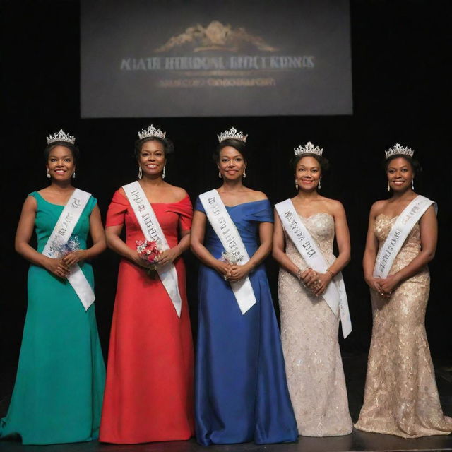 Five distinguished delegates illuminated under the stage lights, standing with grace and poise while bearing their elegant crowns and sashes, each signifying their heritage and accomplishments.