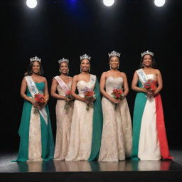 Five distinguished delegates illuminated under the stage lights, standing with grace and poise while bearing their elegant crowns and sashes, each signifying their heritage and accomplishments.