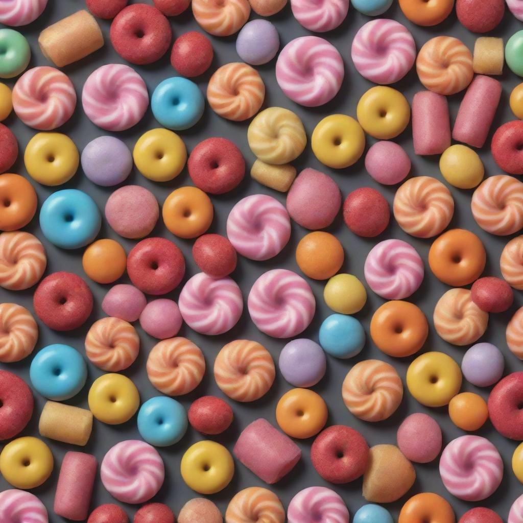 A hyper-realistic repeating pattern of a variety of sweet candies