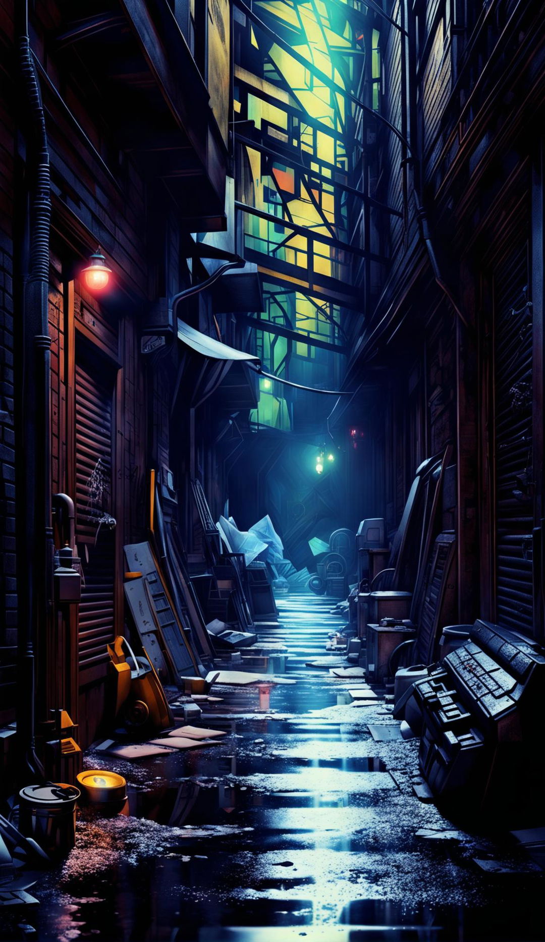 A hyper-detailed, 4K resolution image of a ghostpunk alleyway in a fantasy city. The scene, devoid of any human presence, is illuminated by cinematic lighting and rendered with redshift, enhancing its photorealistic quality.