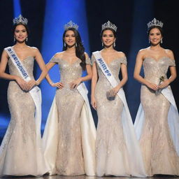 Five delegates from Miss Philippines onstage, draped in their luxurious evening gowns, their heads nobly adorned with elegant crowns, and draped with detailed sashes, symbolizing their success and heritage.