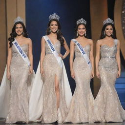 Five delegates from Miss Philippines onstage, draped in their luxurious evening gowns, their heads nobly adorned with elegant crowns, and draped with detailed sashes, symbolizing their success and heritage.