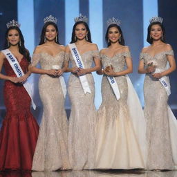 Five delegates from Miss Philippines onstage, draped in their luxurious evening gowns, their heads nobly adorned with elegant crowns, and draped with detailed sashes, symbolizing their success and heritage.