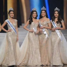 Five delegates from Miss Philippines onstage, draped in their luxurious evening gowns, their heads nobly adorned with elegant crowns, and draped with detailed sashes, symbolizing their success and heritage.