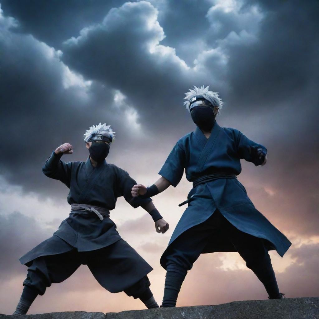 Gojo Satoru from Jujutsu Kaisen and Kakashi Hatake from Naruto in an intense battle, each showing their signature abilities under a dramatic sky.