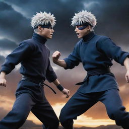 Gojo Satoru from Jujutsu Kaisen and Kakashi Hatake from Naruto in an intense battle, each showing their signature abilities under a dramatic sky.