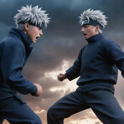 Gojo Satoru from Jujutsu Kaisen and Kakashi Hatake from Naruto in an intense battle, each showing their signature abilities under a dramatic sky.