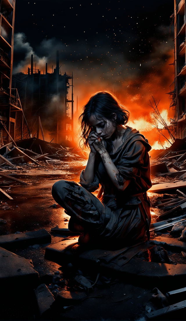 In the dead of night, the woman kneels amidst the city ruins, one hand on the ground for support and the other covering her mouth to stifle her sobs. The faint glow of distant fire illuminates her features.