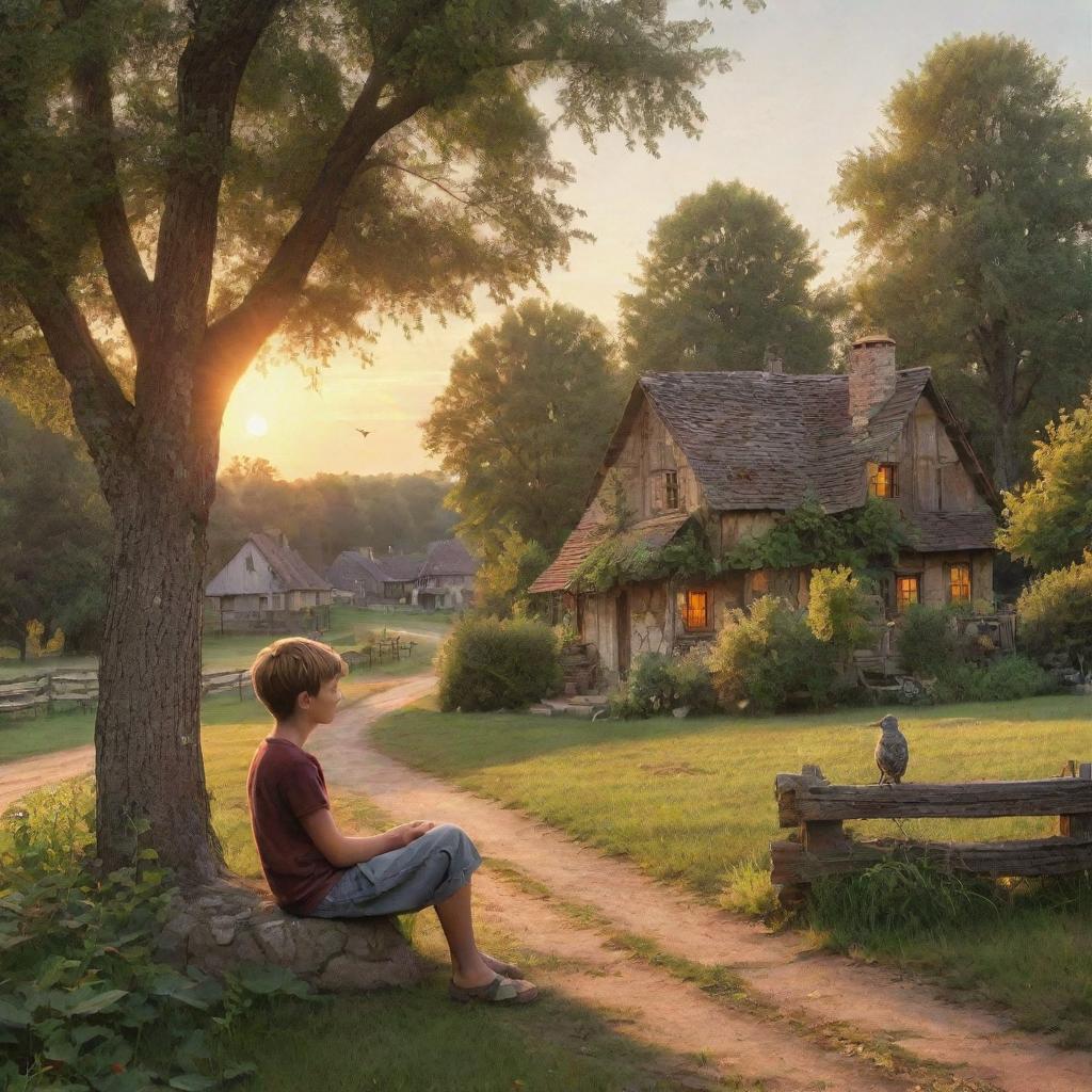 A serene country scene with a boy peacefully relaxing, nestled amongst nature in a rustic village with quaint houses, fluttering songbirds, and towering trees bathed in the glow of a setting sun.