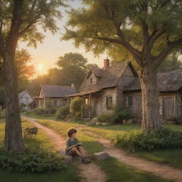 A serene country scene with a boy peacefully relaxing, nestled amongst nature in a rustic village with quaint houses, fluttering songbirds, and towering trees bathed in the glow of a setting sun.