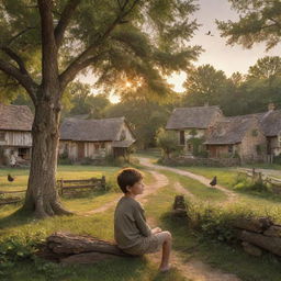 A serene country scene with a boy peacefully relaxing, nestled amongst nature in a rustic village with quaint houses, fluttering songbirds, and towering trees bathed in the glow of a setting sun.