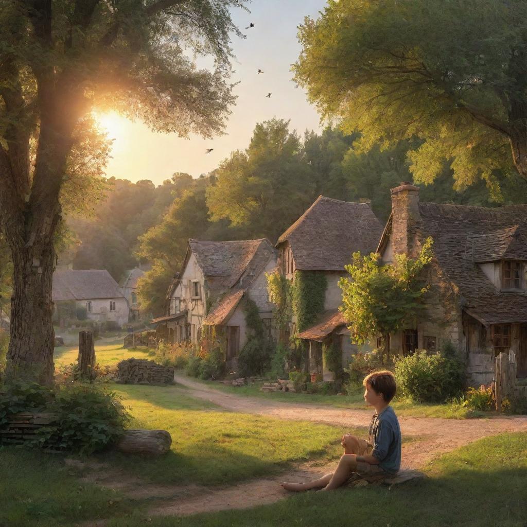 A serene country scene with a boy peacefully relaxing, nestled amongst nature in a rustic village with quaint houses, fluttering songbirds, and towering trees bathed in the glow of a setting sun.