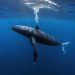 A brave diver rides on the back of a majestic whale, immersed in the depths of the shimmering blue ocean.