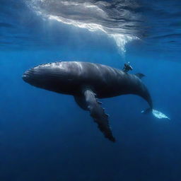 A brave diver rides on the back of a majestic whale, immersed in the depths of the shimmering blue ocean.