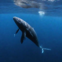 A brave diver rides on the back of a majestic whale, immersed in the depths of the shimmering blue ocean.