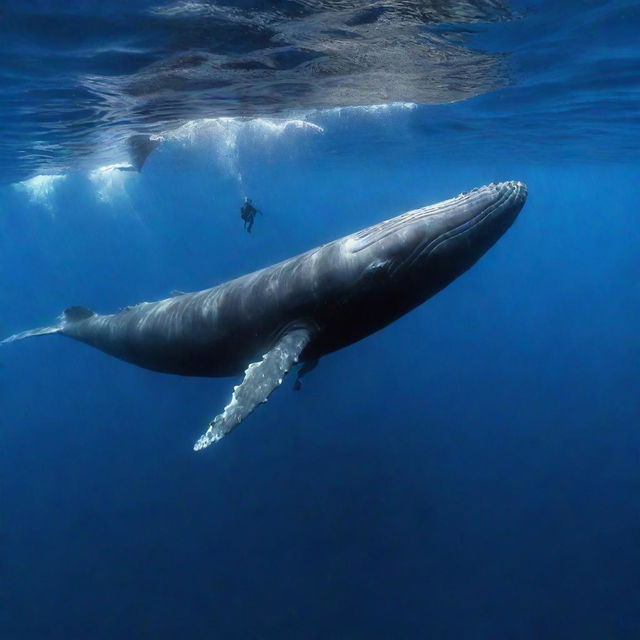 A brave diver rides on the back of a majestic whale, immersed in the depths of the shimmering blue ocean.