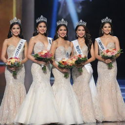 Five delegates from Miss Philippines onstage during the crowning moment. Dressed in their exquisitely designed evening gowns, adorned with elegant crowns and sashes, each holding a bouquet of fresh, vibrant flowers as a symbol of their triumph.