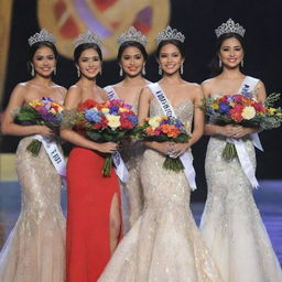 Five delegates from Miss Philippines onstage during the crowning moment. Dressed in their exquisitely designed evening gowns, adorned with elegant crowns and sashes, each holding a bouquet of fresh, vibrant flowers as a symbol of their triumph.