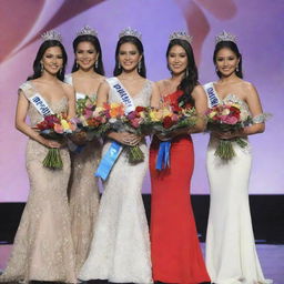 Five delegates from Miss Philippines onstage during the crowning moment. Dressed in their exquisitely designed evening gowns, adorned with elegant crowns and sashes, each holding a bouquet of fresh, vibrant flowers as a symbol of their triumph.