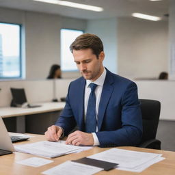 A detailed portrayal of a man working in an office setting, wearing formal work attire