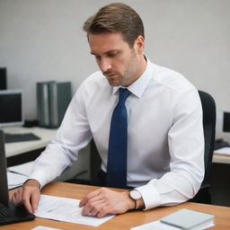 A detailed portrayal of a man working in an office setting, wearing formal work attire