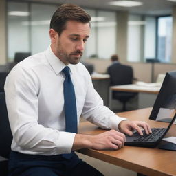 A detailed portrayal of a man working in an office setting, wearing formal work attire