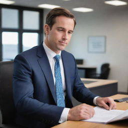 A detailed portrayal of a man working in an office setting, wearing formal work attire