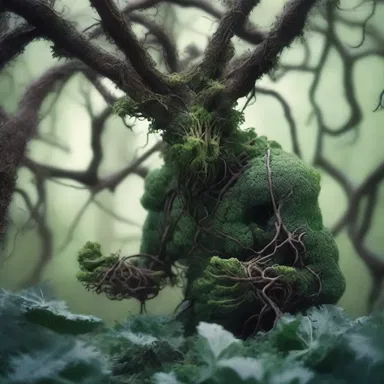 The dark and eerie forest was filled with tangled vines and gnarled trees, and in the midst of it all, stood a creepy creature feasting on broccoli rabe.