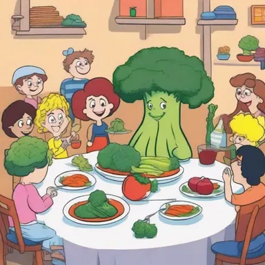 In the colorful world of cartoons, the animated characters gathered around a table filled with various vegetables, including a lively plate of broccoli rabe.